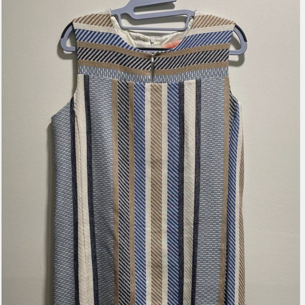 Vilagallo Dress sz 42 Cotton Blend Shift Dress Stripe Neutral Fringe Hem